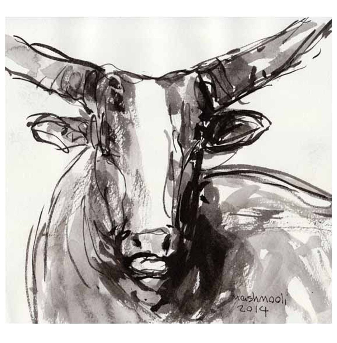 نقاشی مجموعه گاوها اثر جلالالدین مشمولی - 16 × 17 cm، 2014 | COW Series (Gavha) No. 1, Ink on Paper, 16 × 17 cm, 2014 — Jalaleddin Mashmooli Contemporary Iranian Painting نقاشی مجموعه گاوها اثر جلالالدین مشمولی - 16 × 17 cm، 2014 | COW Series (Gavha) No. 1, Ink on Paper, 16 × 17 cm, 2014 — Jalaleddin Mashmooli Contemporary Iranian Painting