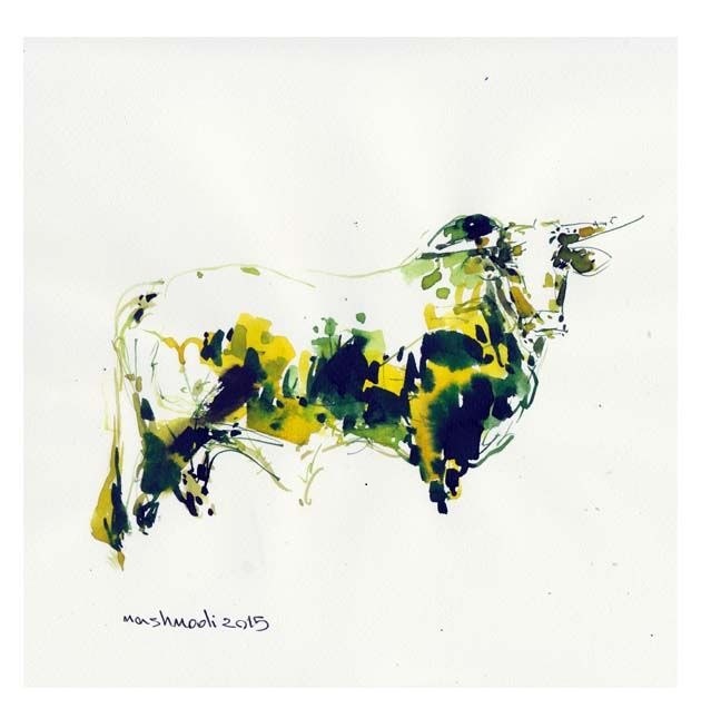 نقاشی مجموعه گاوها اثر جلال‌الدین مشمولی - 23 × 23 cm، 2015 | COW Series (Gavha) No. 6, Ink on Paper, 23 × 23 cm, 2015 — Jalaleddin Mashmooli Contemporary Iranian Painting