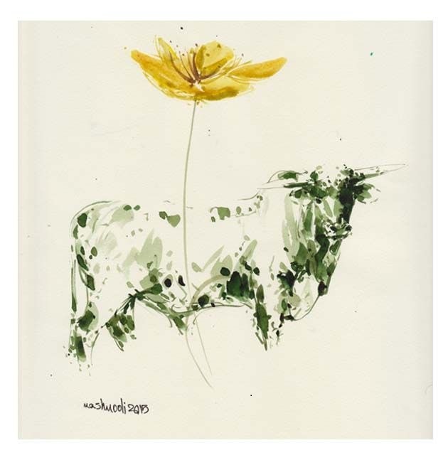 نقاشی مجموعه گاوها اثر جلال‌الدین مشمولی - 25 × 25 cm، 2015 | COW Series (Gavha) No. 5, Ink on Paper, 25 × 25 cm, 2015 — Jalaleddin Mashmooli Contemporary Iranian Painting